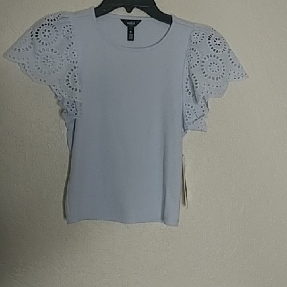 Aqua Ribbed Top with Eyelet Flutter Sleeves Blue Size XS